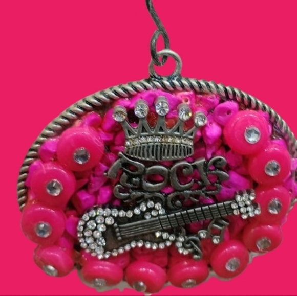 Pink and Silver Rock Crown Guitar Rhinestones Pendant Rock Princess Royalty - Picture 3 of 4